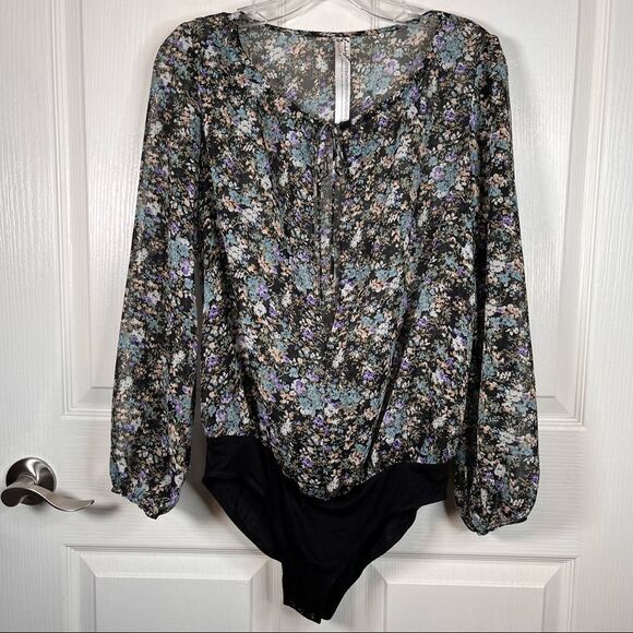 Free People Floral Blouse Bodysuit Deep Vneck Tie Neck Sz XS Intimately FP - Picture 2 of 15
